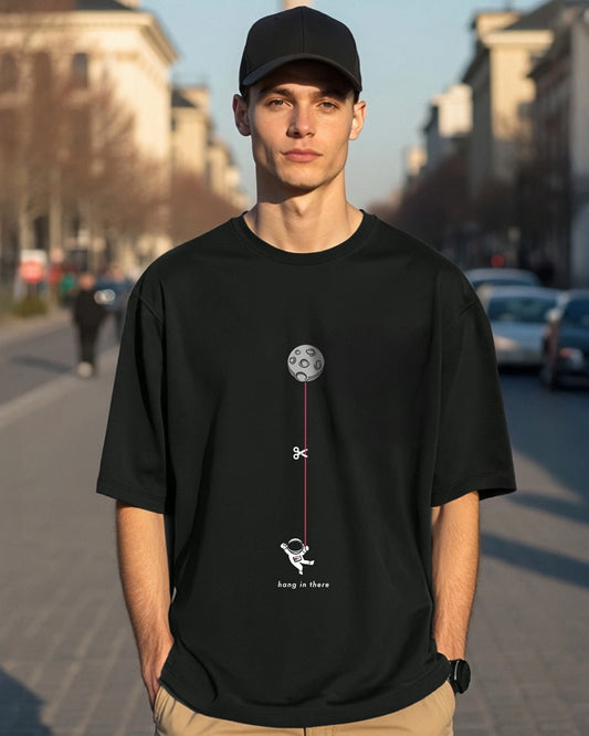Men's Black Hangin Astronaut Graphic Printed Oversized T-shirt