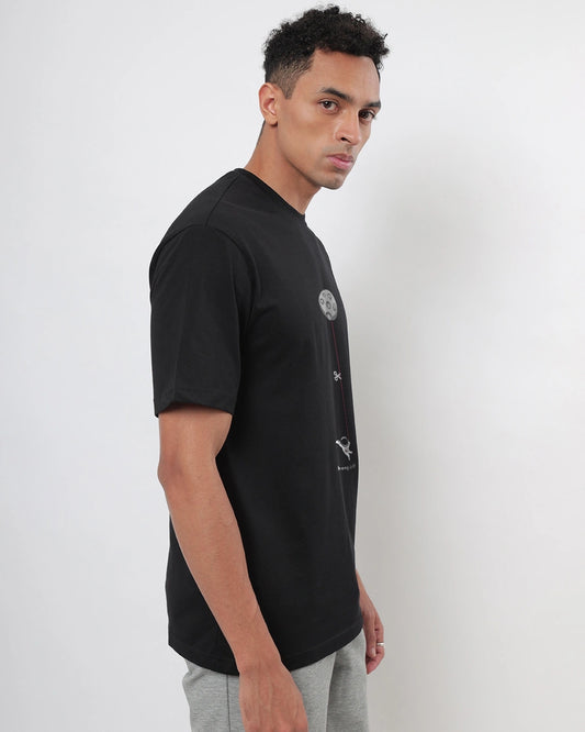 Men's Black Hangin Astronaut Graphic Printed Oversized T-shirt